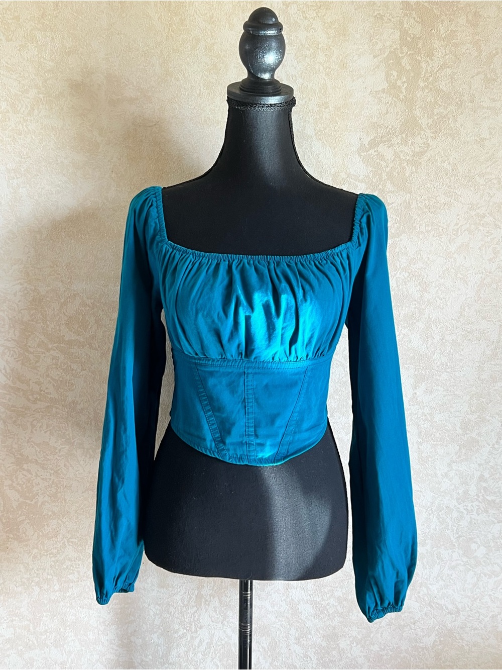 Japna Teal Long-Sleeve Square Neck Corset crop top